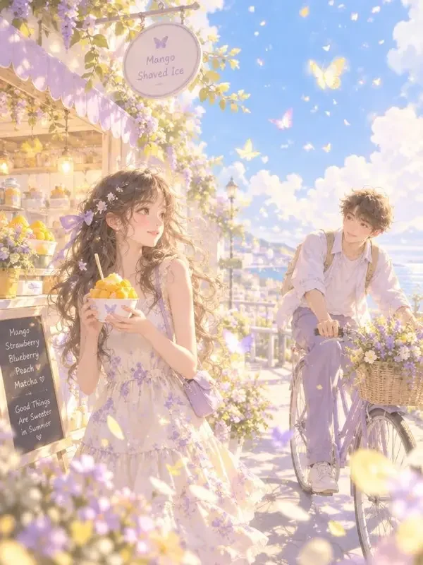 免费AI看片《半夏微甜》封面，夏日甜品店的青春治愈甜宠插画