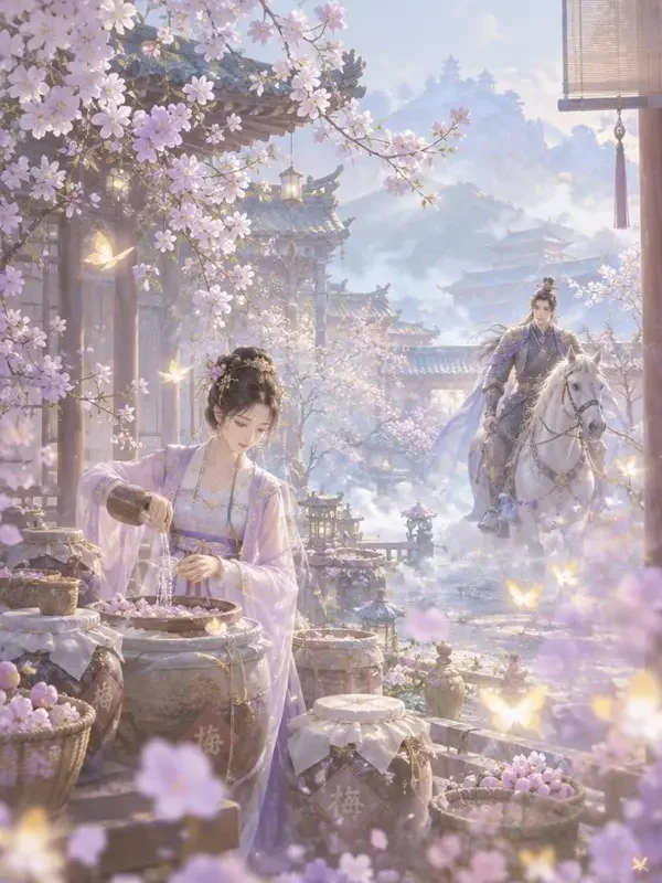 免费AI看片《青梅煮酒待君归》封面，江南小院青梅竹马的唯美画面